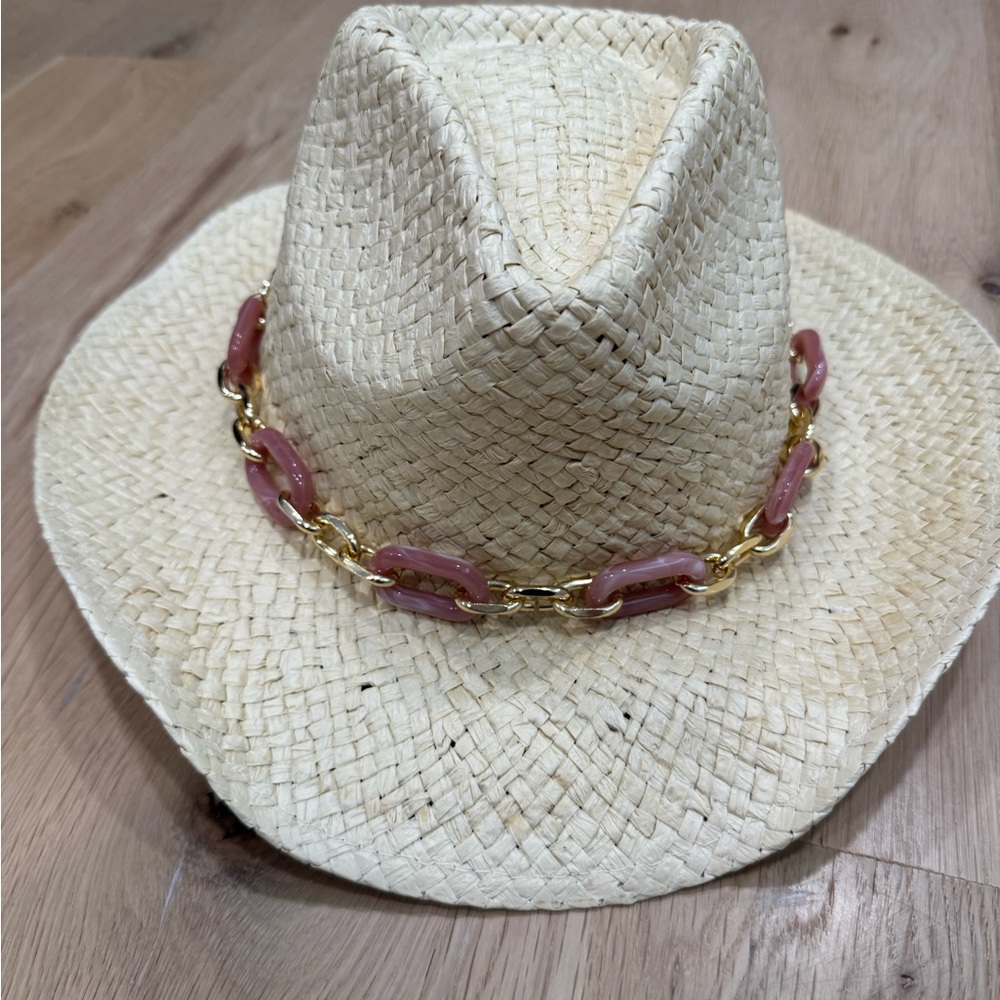 NWT Straw Cowboy Hat with Pink and Gold Chain